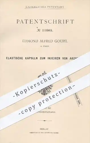 original Patent - Edmond Alfred Goupil , Paris , 1880 , Kapseln zum Injizieren von Arznei | Medizin , Arzt , Medikamente