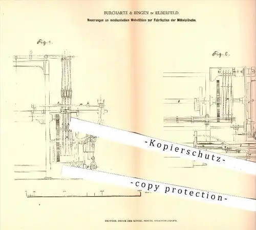 original Patent - Burchartz & Bingen , Elberfeld , 1878 , Webstühle zur Fabrikation von Möbelplüsch | Webstuhl , Möbel !