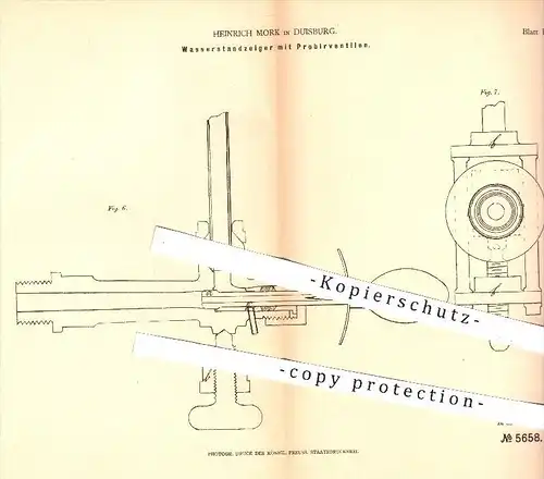 original Patent - Heinrich Mork , Duisburg  1878 , Wasserstandsanzeiger mit Probierventil | Dampfkessel , Dampfmaschinen