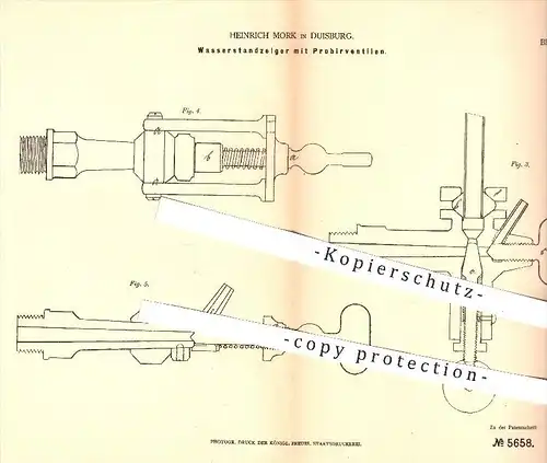 original Patent - Heinrich Mork , Duisburg  1878 , Wasserstandsanzeiger mit Probierventil | Dampfkessel , Dampfmaschinen