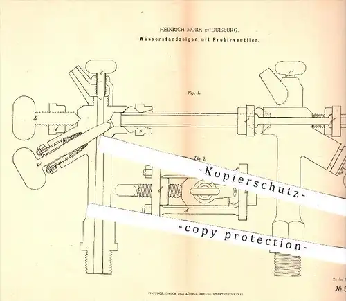 original Patent - Heinrich Mork , Duisburg  1878 , Wasserstandsanzeiger mit Probierventil | Dampfkessel , Dampfmaschinen