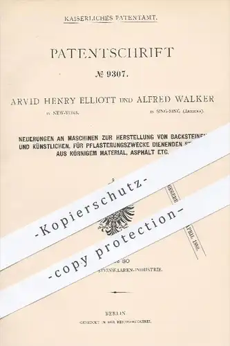 original Patent - Arvid H. Elliot , New York , Alfred Walker , Sing Sing , USA  1879 , Herstellung von Backstein , Stein