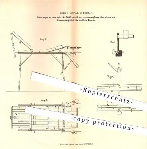 original Patent - E. Jahnle , Berlin 1879 , zusammenlegbare Operationstisch | OP Tisch , Arzt , Medizin , Krankenhaus !!