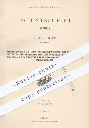 original Patent - Fritz Dopp in Berlin , 1879 , Waagebalken an Dezimalwaagen | Waage , Waagen , Wiegen , Hebel !!!