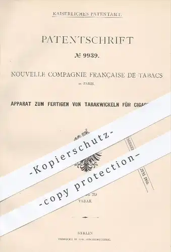 original Patent - Nouvelle Compagnie Française de Tabacs , Paris , 1879 , Tabakwickel für Zigaretten | Tabak , Zigarren
