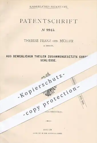 original Patent - Therese Franz / Müller , Berlin  1879 , Korsett - Schließe aus beweglichen Teilen | Korset , Schneider