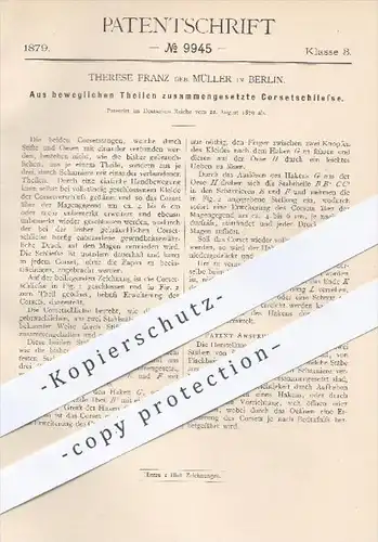 original Patent - Therese Franz / Müller , Berlin  1879 , Korsett - Schließe aus beweglichen Teilen | Korset , Schneider