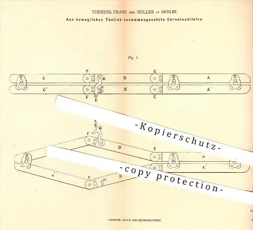 original Patent - Therese Franz / Müller , Berlin  1879 , Korsett - Schließe aus beweglichen Teilen | Korset , Schneider