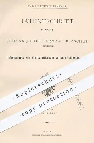 original Patent - Johann J. H. Blaschke , Hamburg , 1879 , Türschloss mit selbsttätigem Verschluss | Tür , Schloss !!!