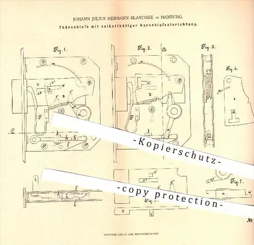 original Patent - Johann J. H. Blaschke , Hamburg , 1879 , Türschloss mit selbsttätigem Verschluss | Tür , Schloss !!!