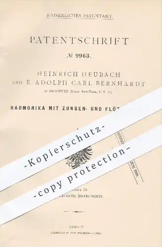 original Patent - H. Heubach u. E. A. C. Bernhardt , Brooklyn New York USA , 1879 , Harmonika mit Zungen- u. Flötenwerk