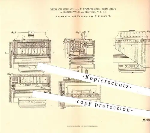 original Patent - H. Heubach u. E. A. C. Bernhardt , Brooklyn New York USA , 1879 , Harmonika mit Zungen- u. Flötenwerk