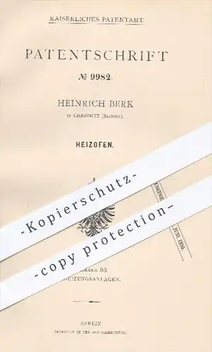 original Patent - Heinrich Berk , Chemnitz , 1879 , Heizofen | Heizung , Ofen , Öfen , Ofenbauer , Feuerung , Aschkasten