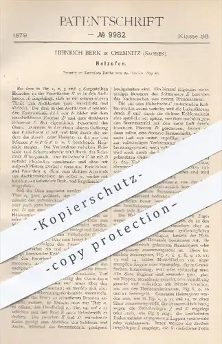 original Patent - Heinrich Berk , Chemnitz , 1879 , Heizofen | Heizung , Ofen , Öfen , Ofenbauer , Feuerung , Aschkasten