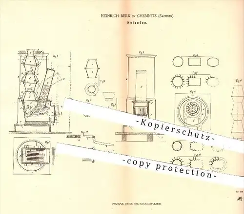 original Patent - Heinrich Berk , Chemnitz , 1879 , Heizofen | Heizung , Ofen , Öfen , Ofenbauer , Feuerung , Aschkasten