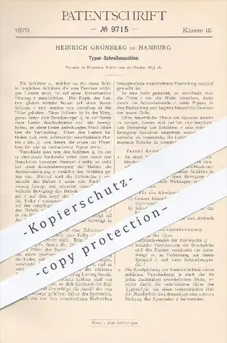 original Patent - Heinrich Grönberg , Hamburg , 1879 , Typen Schreibmaschine | Schreibmaschinen , Druck , Druckerei !!!