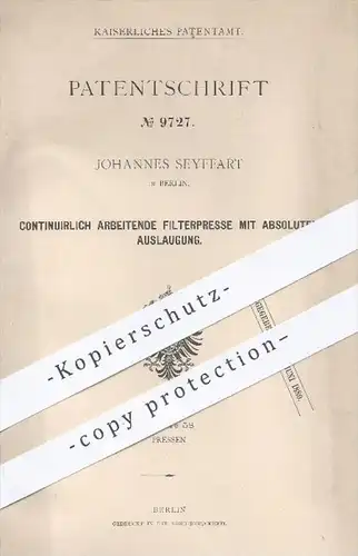 original Patent - J. Seyffart , Berlin , 1879 , Filterpresse mit absoluter Auslaugung | Pressen , Klusemann Presse !!!