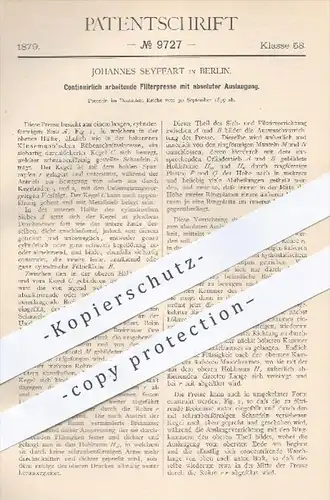 original Patent - J. Seyffart , Berlin , 1879 , Filterpresse mit absoluter Auslaugung | Pressen , Klusemann Presse !!!