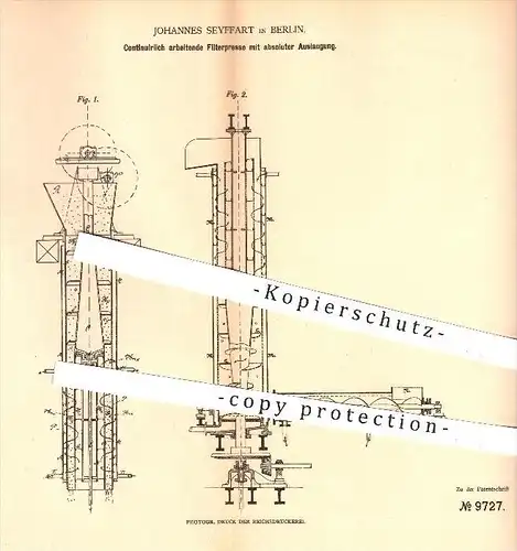 original Patent - J. Seyffart , Berlin , 1879 , Filterpresse mit absoluter Auslaugung | Pressen , Klusemann Presse !!!