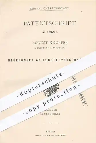 original Patent - A. Knüpfer , Dorndorf / Dornburg  1880 , Fensterverschlüsse | Fenster Verschluss , Schloss , Schlosser