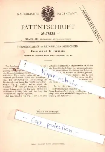 Original Patent  - Hermann Arnz in Reinshagen-Remscheid , 1883 , Neuerung an Drillbohrern !!!