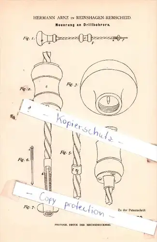 Original Patent  - Hermann Arnz in Reinshagen-Remscheid , 1883 , Neuerung an Drillbohrern !!!