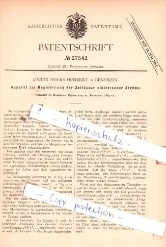 Original Patent  - Lucien Hours-Humbert in Besancon , 1883 , Elektrische Apparate !!!