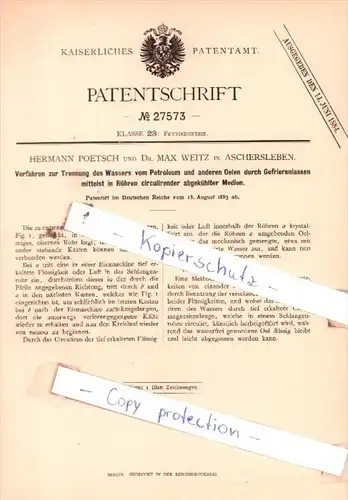 Original Patent  - Hermann Poetsch und Dr. Max Weitz in Aschersleben , 1883 , Fettindustrie !!!