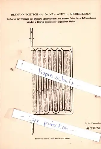 Original Patent  - Hermann Poetsch und Dr. Max Weitz in Aschersleben , 1883 , Fettindustrie !!!