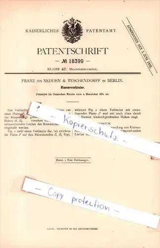 Original Patent  -  Franz zur Nedden & Teschendorff bei Berlin , 1881 , Riemenverbinder !!!