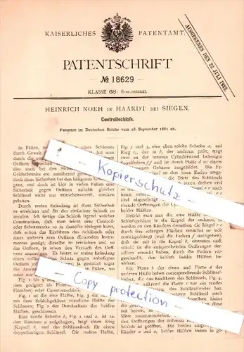 Original Patent  -  Heinrich Noeh in Haardt bei Siegen , 1881 , Controllschloß !!!