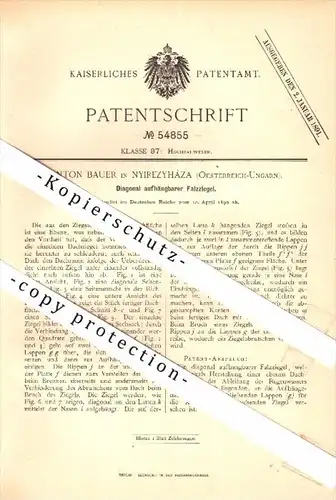 Original Patent - Anton Bauer in Nyiregyháza /  Birkenkirchen , Ungarn , 1890 , Falzziegel , Dachziegel , Dachdecker !!!