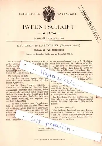 Original Patent  - Leo Zuda in Kattowitz , Oberschlesien , 1880 , Schneidwerkzeuge !!!