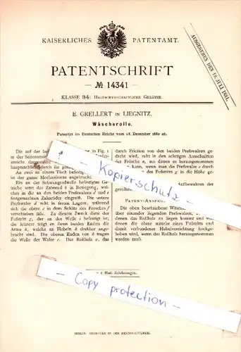 Original Patent  - E. Grellert in Liegnitz , 1880 ,  Wäscherolle !!!
