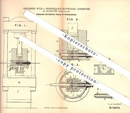 Original Patent - Alexander Wylie in Perseverance Ironworks , Johnstone b. Glasgow , 1889 , Cable press with cooling !!!