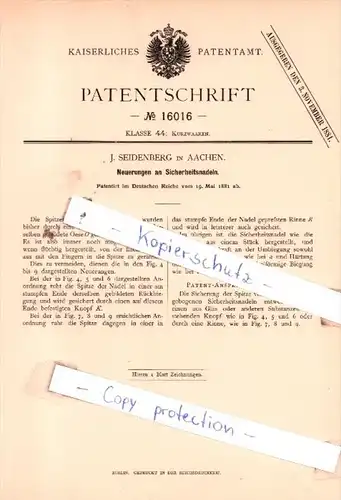 Original Patent  - J. Seidenberg in Aachen , 1881 ,  Neuerungen an Sicherheitsnadeln !!!