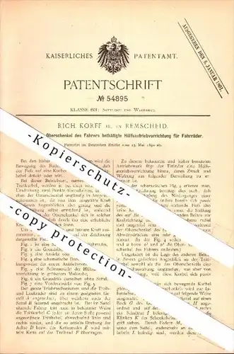 Original Patent - Richard Korff in Remscheid , 1890 , Oberschenkel - Hilfsantrieb für Fahrräder , Fahrrad , bicycle !!!