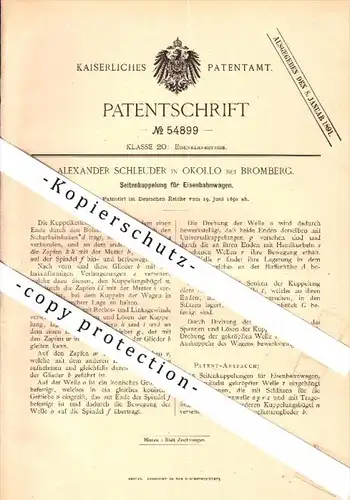 Original Patent - Alexander Schleuder in Okollo b. Bromberg , 1890 , Kupplung für Eisenbahn  !!!