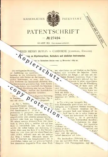 Original Patent - Charles Henry Butlin in Camborne , 1883 , enema syringe , catheter , doctor , hospital !!!