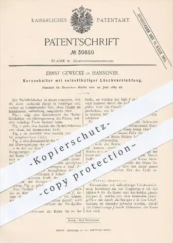 original Patent - Ernst Gewecke in Hannover , 1884 , Kerzenhalter mit selbsttätiger Löschvorrichtung | Kerze , Kerzen !