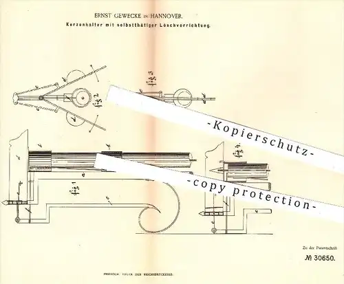 original Patent - Ernst Gewecke in Hannover , 1884 , Kerzenhalter mit selbsttätiger Löschvorrichtung | Kerze , Kerzen !