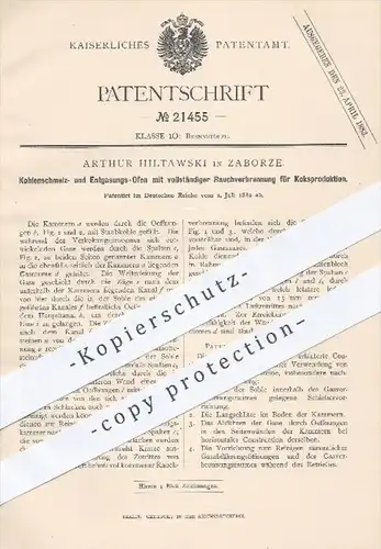 original Patent - Arthur Hiltawski , Zaborze , 1882 , Kohlenschmelz- u. Entgasungs- Ofen | Öfen , Koks , Brennstoffe !!
