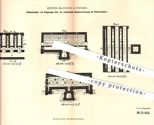 original Patent - Arthur Hiltawski , Zaborze , 1882 , Kohlenschmelz- u. Entgasungs- Ofen | Öfen , Koks , Brennstoffe !!