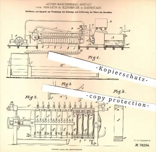original Patent - Aktien Maschinenbau Anstalt , Venuleth & Ellenberger , Darmstadt 1893 , Trocknung von Schlempe | Säure