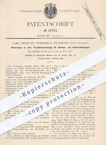 original Patent - Carl H. Wermser , Stassfurt , 1882 , Feststellvorrichtung für Dezimal- u. Centesimalwaagen | Waage !!