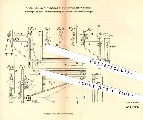 original Patent - Carl H. Wermser , Stassfurt , 1882 , Feststellvorrichtung für Dezimal- u. Centesimalwaagen | Waage !!