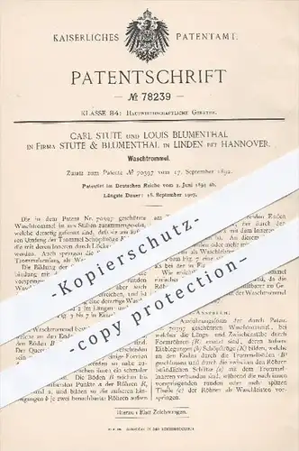 original Patent - Carl Stute , L. Blumenthal , Stute & Blumenthal , Linden Hannover 1894 , Waschtrommel | Waschmaschine