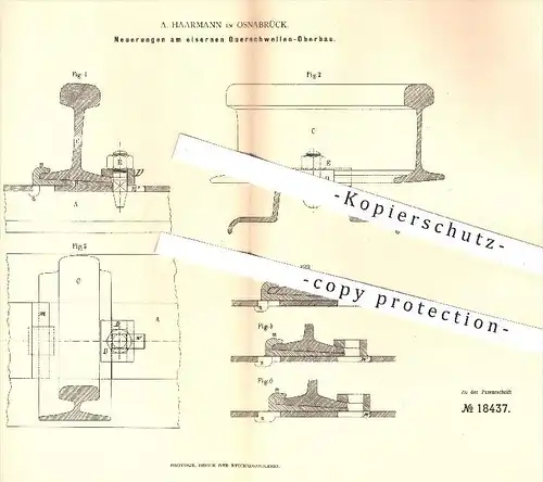 original Patent - A. Haarmann in Osnabrück , 1881 , eiserner Querschwellen - Oberbau | Straßenbahn , Eisenbahn !!!