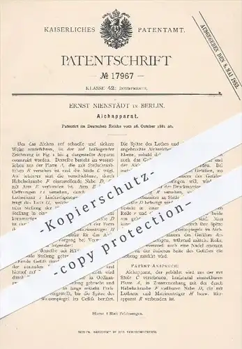 original Patent - Ernst Nienstädt , Berlin , 1881 , Aichapparat | Aichgerät , Aichen , Eichapparat , Eichen !!!