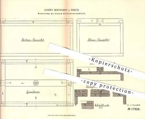 original Patent - Albert Beschoren in Berlin , 1881 , Kistenverschluss | Verschluss für Kisten , Schloss , Transport !